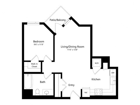 Floor plan for 1 bed, 1 bath, 647 sqft